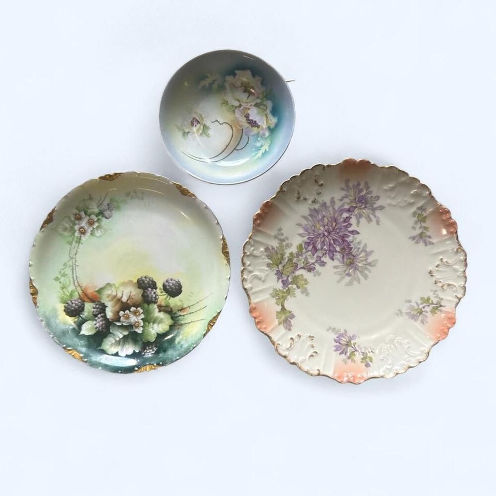 Set of 3 Coquette Style Antique Hand Painted Floral Porcelain Display